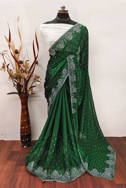 GEETABA FASHION Embroidered Bollywood Raw Silk Saree