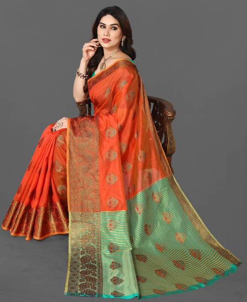 Woven, Embroidered Kanjivaram Organza, Cotton Silk Sare...