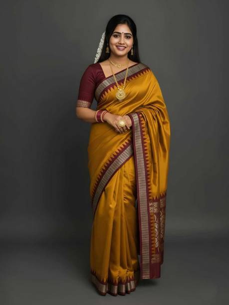 Woven, Temple Border, Solid/Plain Sambalpuri Silk Blend Saree