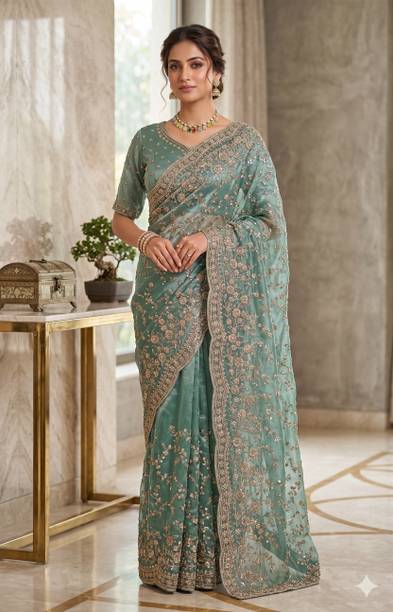 Embroidered, Embellished, Applique Bollywood Organza Saree