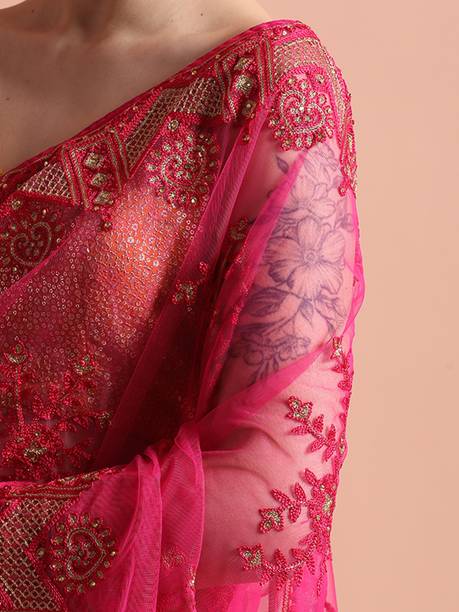 Jaipur Kurti Embroidered Bollywood Net Saree - Image 4