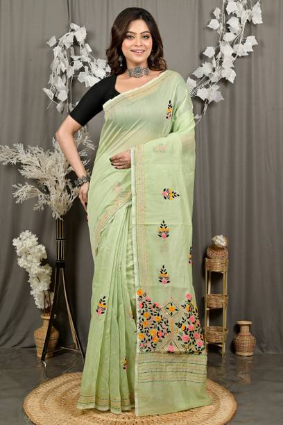 DipDiya Embroidered, Self Design, Embellished, Woven Kantha Cotton Blend Saree