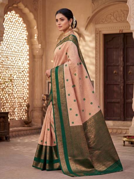 Woven, Temple Border, Floral Print, Paisley, Embellished Kanjivaram Art Silk Saree