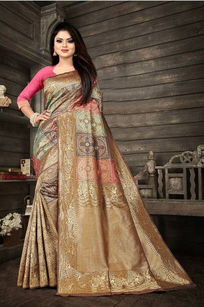 Woven, Geometric Print, Floral Print, Self Design Bollywood Art Silk Saree