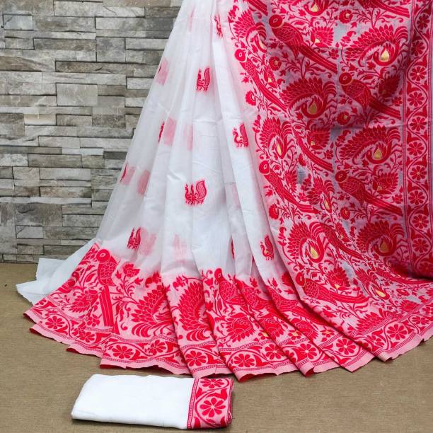 Woven, Floral Print, Self Design, Temple Border Jamdani Cotton Blend, Jacquard Saree Price in India