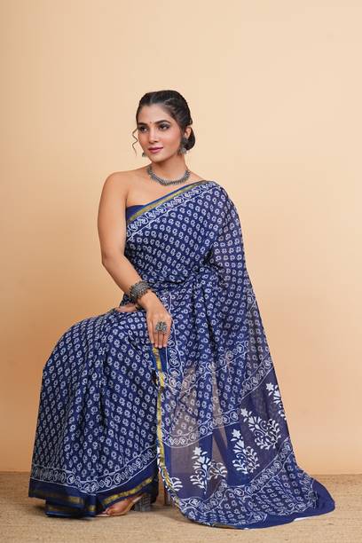 Blocked Printed, Color Block, Floral Print, Printed Ikkat Pure Cotton Saree
