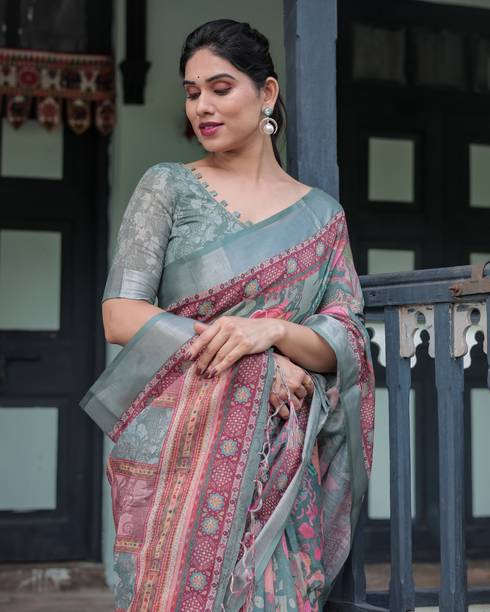 ALMAARI FASHION Digital Print Bollywood Cotton Linen Multicolor Sarees Online @  | galgota.in - Image 5