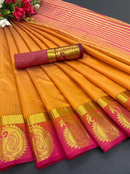Woven Kanjivaram Cotton Silk, Pure Silk Saree