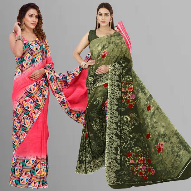 Anand Sarees Ombre, Geometric Print Daily Wear Georgette Pink, Multicolor Sarees Online @  | galgota.in - Image 3