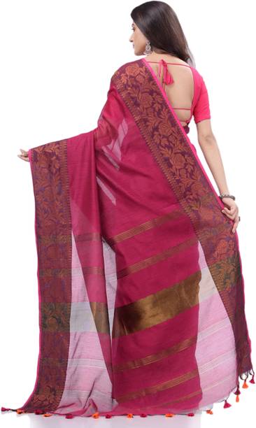 Desh Bidesh Striped, Self Design, Solid/Plain, Floral Print, Woven Handloom Cotton Blend, Cotton Silk Saree - Image 3