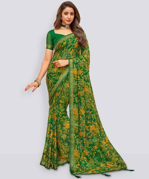 Samah Printed Daily Wear Georgette, Chiffon Saree (Green)