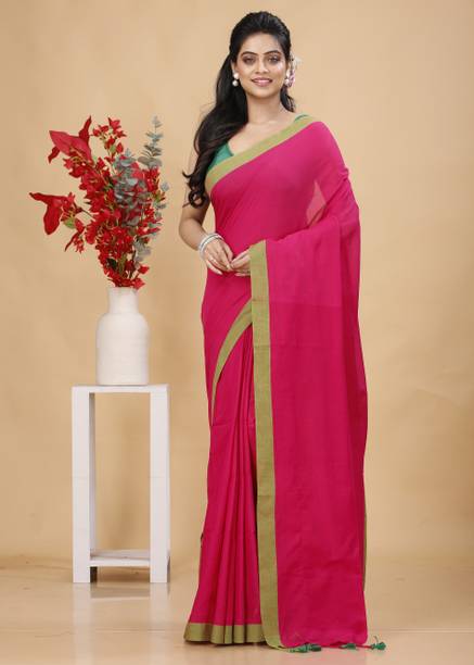 SLAGHA Solid/Plain Handloom Pure Cotton Pink Sarees Online @  | galgota.in - Image 3