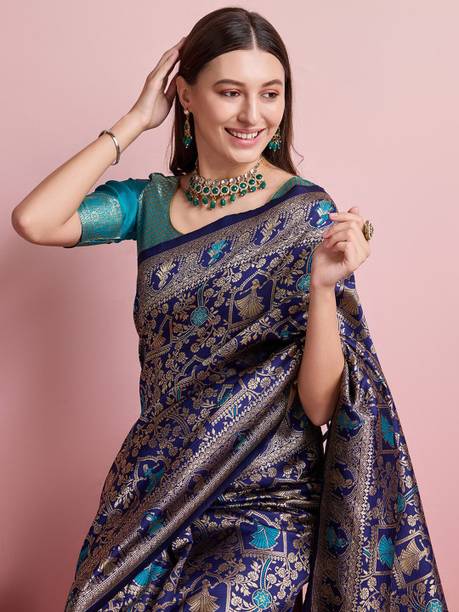 Shree Laxmi Fashion Woven Kanjivaram Pure Silk Saree Blue
