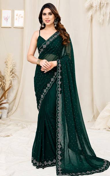 Embellished, Embroidered, Floral Print, Solid/Plain Bollywood Net Saree