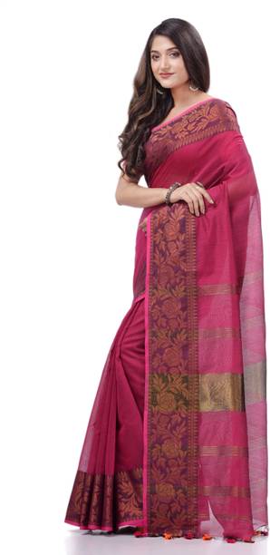 Desh Bidesh Striped, Self Design, Solid/Plain, Floral Print, Woven Handloom Cotton Blend, Cotton Silk Saree - Image 5