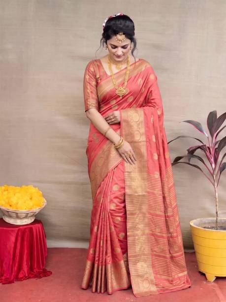 Hare Krishna Woven, Self Design Banarasi Cotton Silk Saree