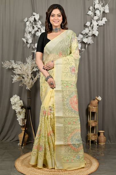 DipDiya Self Design, Embroidered, Paisley, Woven Kantha Cotton Blend Saree