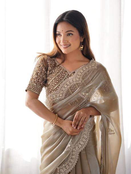 Embroidered, Embellished Bollywood Tissue, Silk Blend Saree