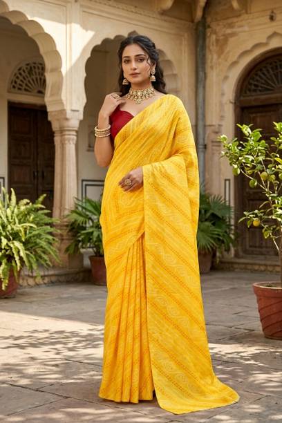 Striped, Printed Bandhani Art Silk Saree