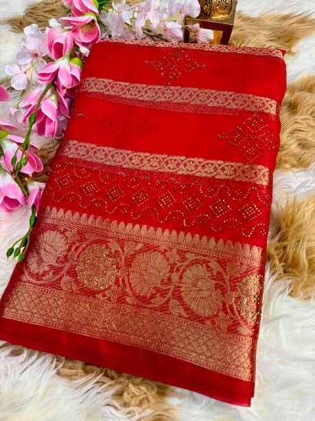 Banaras silk palace Embellished Banarasi Organza Saree (Red)
