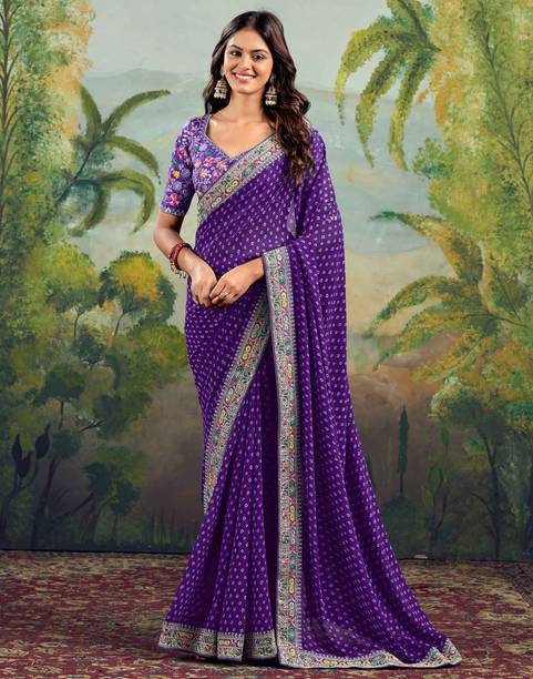 Embroidered Bandhani Georgette Saree (Purple)