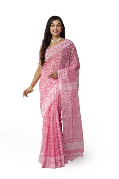 New Sareee Center Woven Jamdani Pure Cotton Saree (Pink)