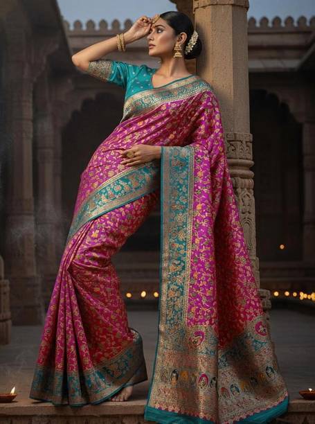 Sariya Woven Banarasi Semi-Pashmina, Jacquard Saree