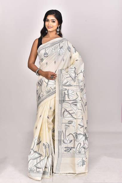 Ramshyam Collection Embroidered, Floral Print, Graphic Print Kantha Handloom Pure Silk Saree