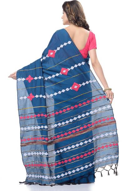 Desh Bidesh Striped, Solid/Plain, Applique Handloom Handloom Cotton Blend, Pure Cotton Saree - Image 4