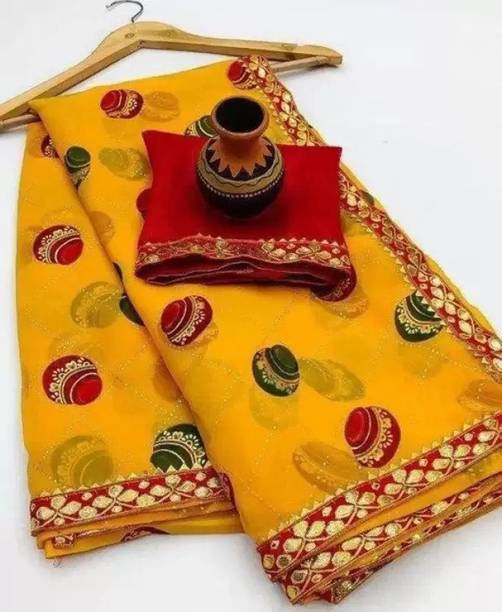 AARTI PRINTS चेकर्ड पटोला जोर्जेट, शिफॉन साड़ी