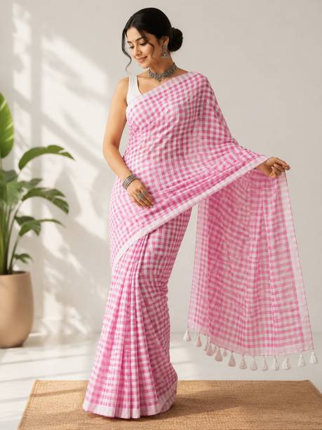 NAYANTARA SAREE CENTER Applique, Checkered Handloom Pure Cotton Saree