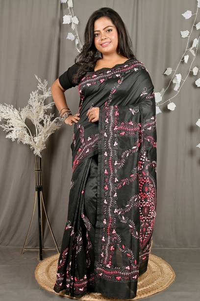 HARNARMADE Floral Print Kantha Cotton Silk Saree