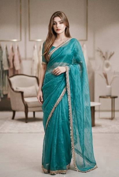 Solid/Plain, Embellished, Woven Chanderi Organza Saree