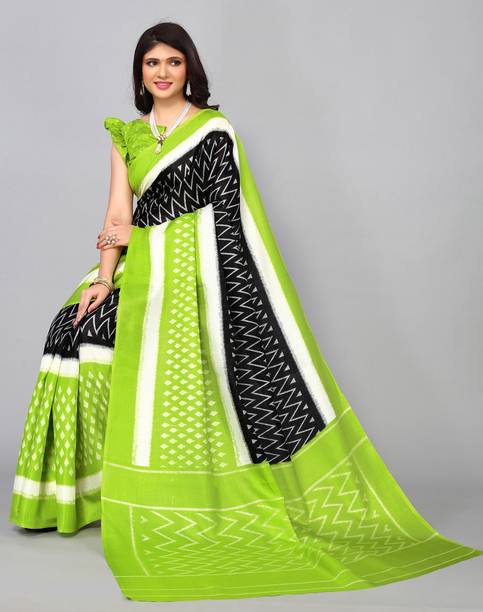 Geometric Print, Temple Border, Printed Kalamkari Cotton Silk Saree