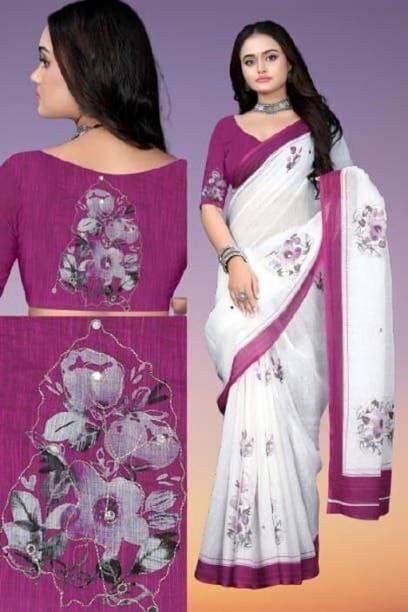 Millstar Floral Print Kantha Cotton Linen Saree