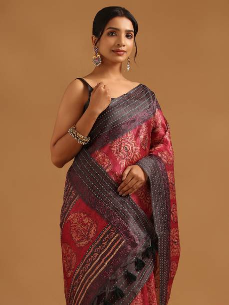 Floral Print, Embroidered Bollywood Tussar Silk Saree