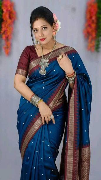 Polka Print, Woven, Temple Border Sambalpuri Art Silk Saree