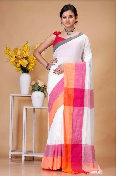 BSS Checkered, Woven Handloom Handloom Cotton Jute Saree