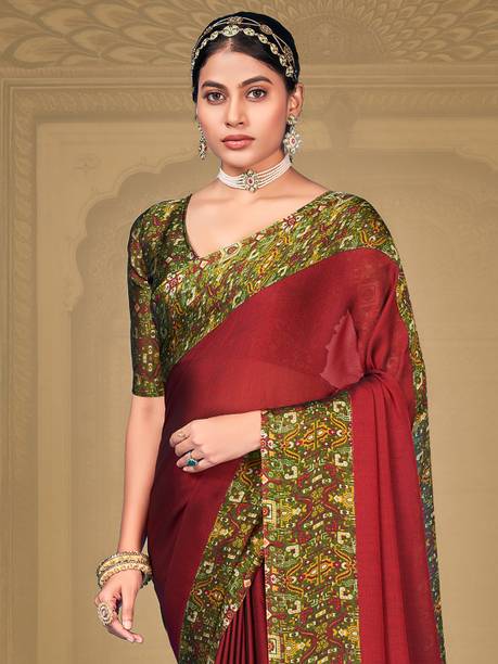 Divastri Printed Bollywood Chiffon Maroon Sarees Online @  | galgota.in - Image 2