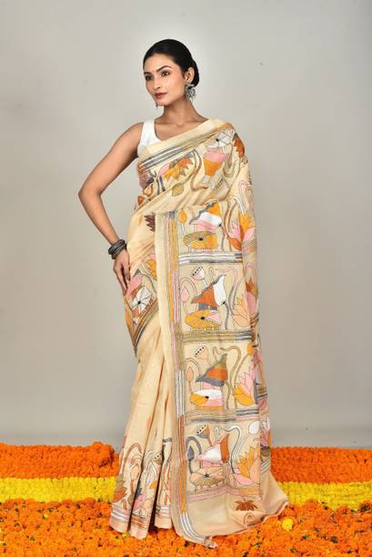 Ramshyam Collection Hand Painted, Floral Print, Embroidered Kantha Pure Silk Saree