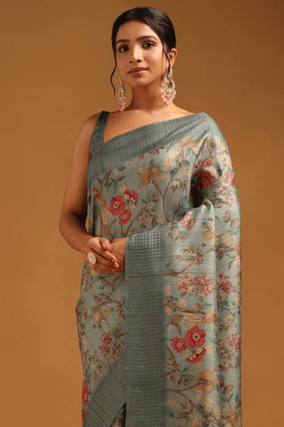 Floral Print Bollywood Tussar Silk Saree