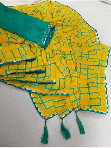 Checkered, Printed, Embellished Bandhani Georgette Saree