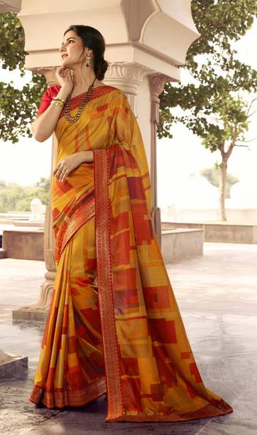 Printed Pochampally Silk Blend, Chiffon Saree  (Orange, Maroon)
