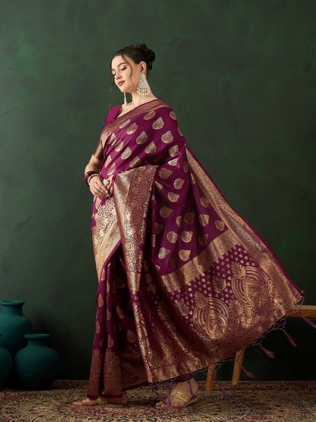 Dori Woven, Self Design Banarasi Silk Blend Saree - Image 4