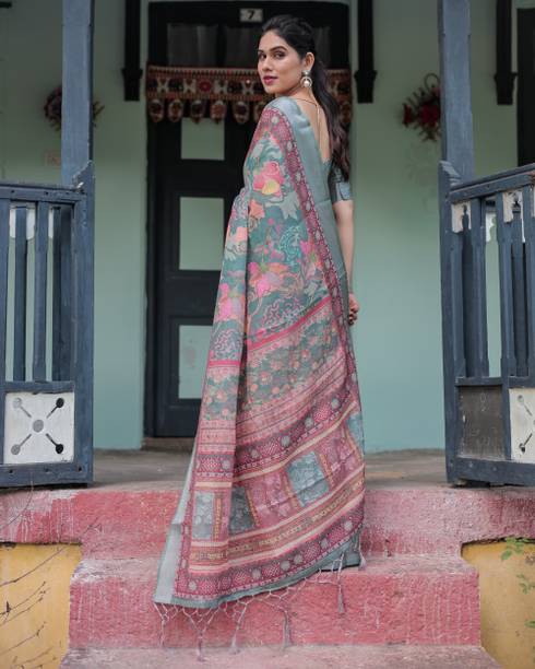 ALMAARI FASHION Digital Print Bollywood Cotton Linen Multicolor Sarees Online @  | galgota.in - Image 4