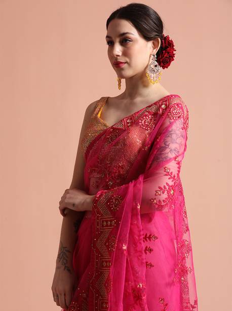 Jaipur Kurti Embroidered Bollywood Net Saree - Image 3