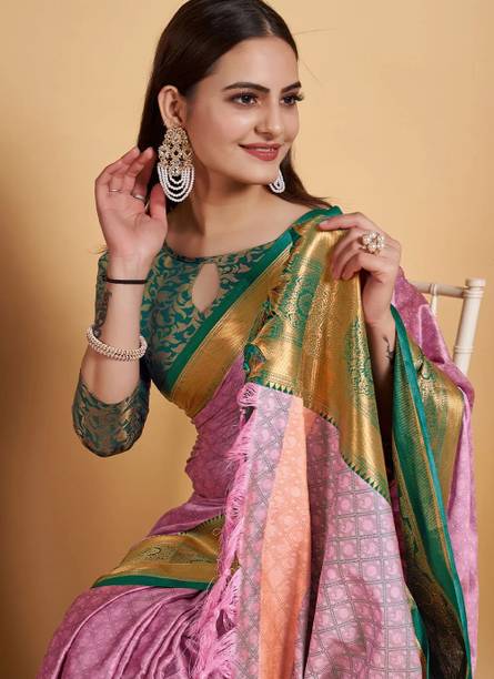VILLAGIUS Woven Kanjivaram Cotton Silk, Art Silk Saree (Pink, Gre