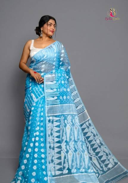 Woven, Floral Print, Geometric Print Jamdani Cotton Blend Saree