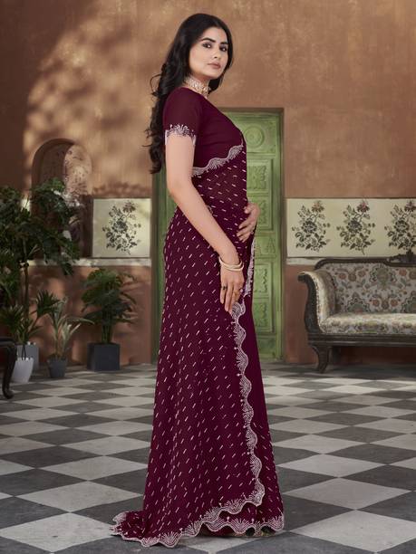 Sariya Embellished Bollywood Georgette Maroon Sarees Online @  | galgota.in - Image 6