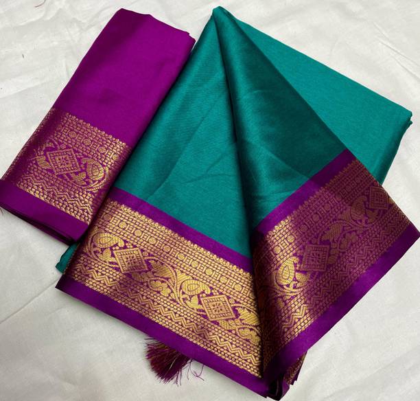 Solid/Plain, Woven Kanjivaram Cotton Silk Saree